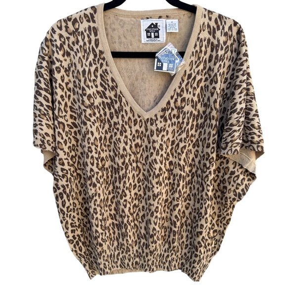 Storybook Knits Leopard Print Beaded Deep V-Neck Dolman Sleeve Knit Sweater New - Picture 1 of 8